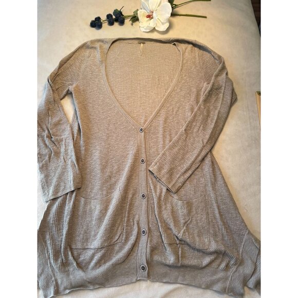 Free People Y2K Comfy Beige Long Knit Cardigan Pockets Bell sleeves BoHo Sz M - Picture 1 of 9